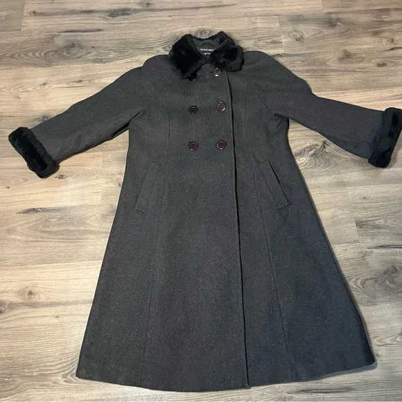 Donny Brook Womens Trench Coat Sz 14P Gray 100% Wool Lined Faux Fur Pocket - Picture 1 of 15